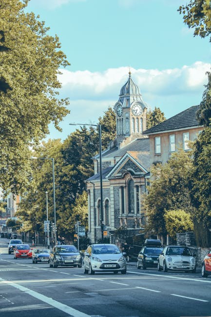 A street scene in Catford showing parked cars along the roadside with a mix of small to medium-sized vans and passenger vehicles, positioned in front of a historic building featuring a prominent clock tower with a domed roof and decorative architectural details. The street is flanked by mature trees with green foliage, casting some shade over the pavement and parked vehicles. An oversize moving van from Removal Van Catford is partially visible on the right side, parked close to the curb, ready for a home relocation. The scene is illuminated by natural daylight with a clear sky, and nearby residential or commercial buildings are also visible behind the trees. This setting reflects the logistics involved in furniture transport and packing during a small move, showcasing the typical environment for household removals in the area.